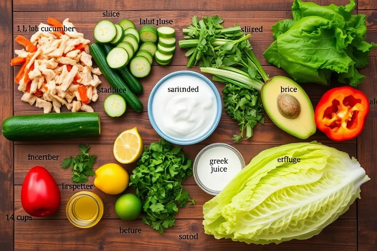 Fresh ingredients for Low Carb Lettuce Wraps Chicken on a wooden table. 