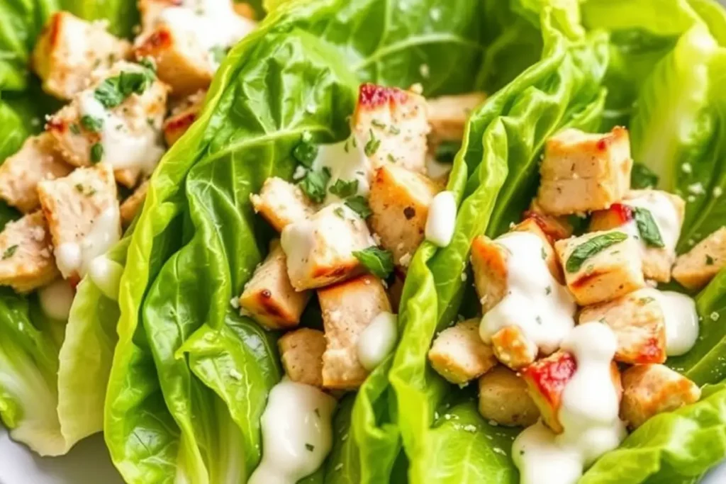 Close-up of Chicken Caesar Lettuce Wraps with chicken and Parmesan cheese