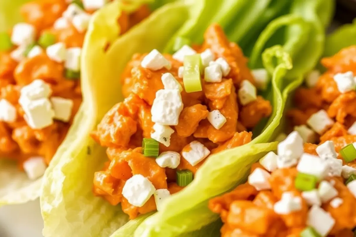 Spicy Buffalo Chicken Lettuce Wraps with blue cheese and celery