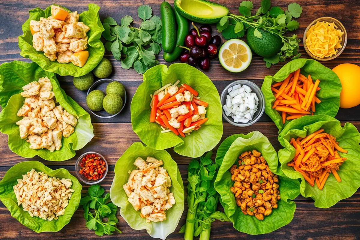 Assortment of ingredients for various low carb chicken lettuce wraps