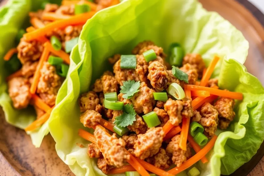 Close-up of a low carb chicken lettuce wrap filled with spiced chicken and vegetables.