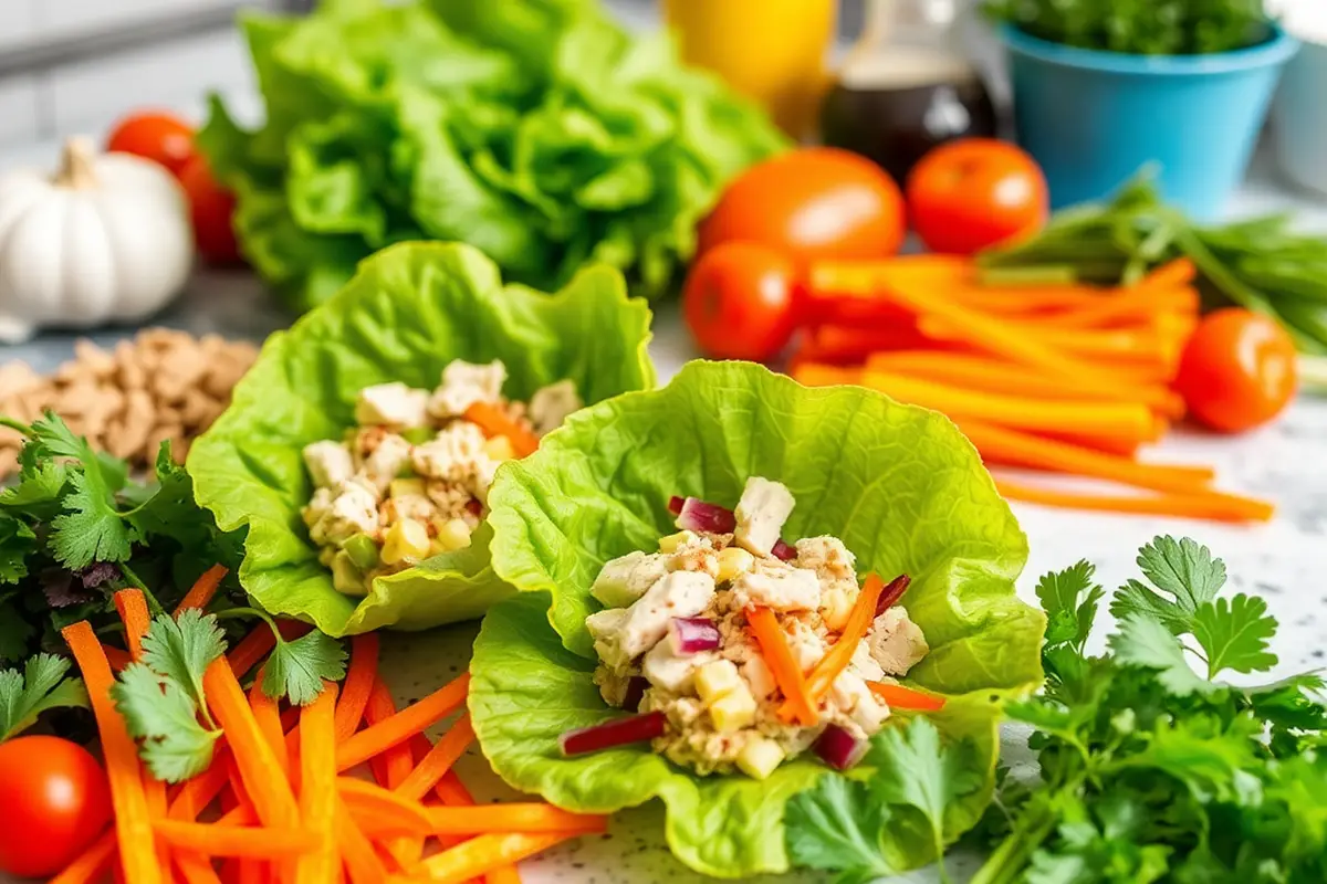 Assembling low carb chicken lettuce wraps with fresh ingredients.