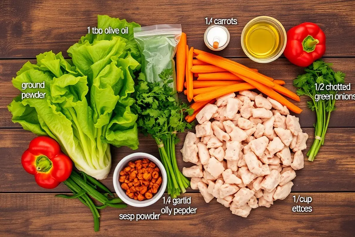 Fresh ingredients for low carb chicken lettuce wraps arranged on a rustic table.