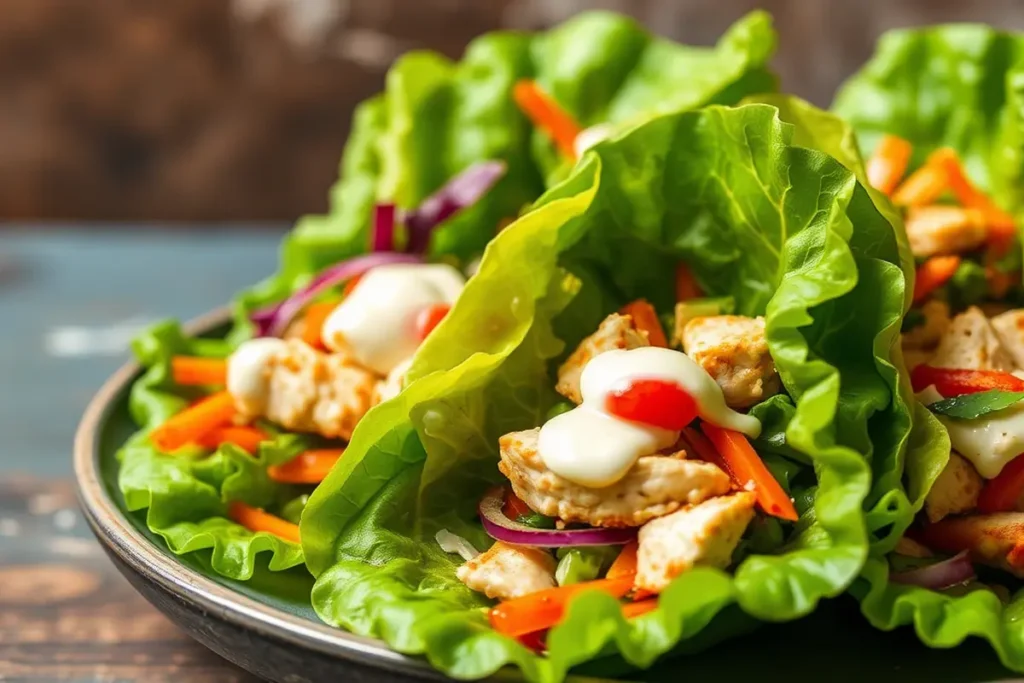 Close-up of low carb chicken lettuce wraps with fresh vegetables