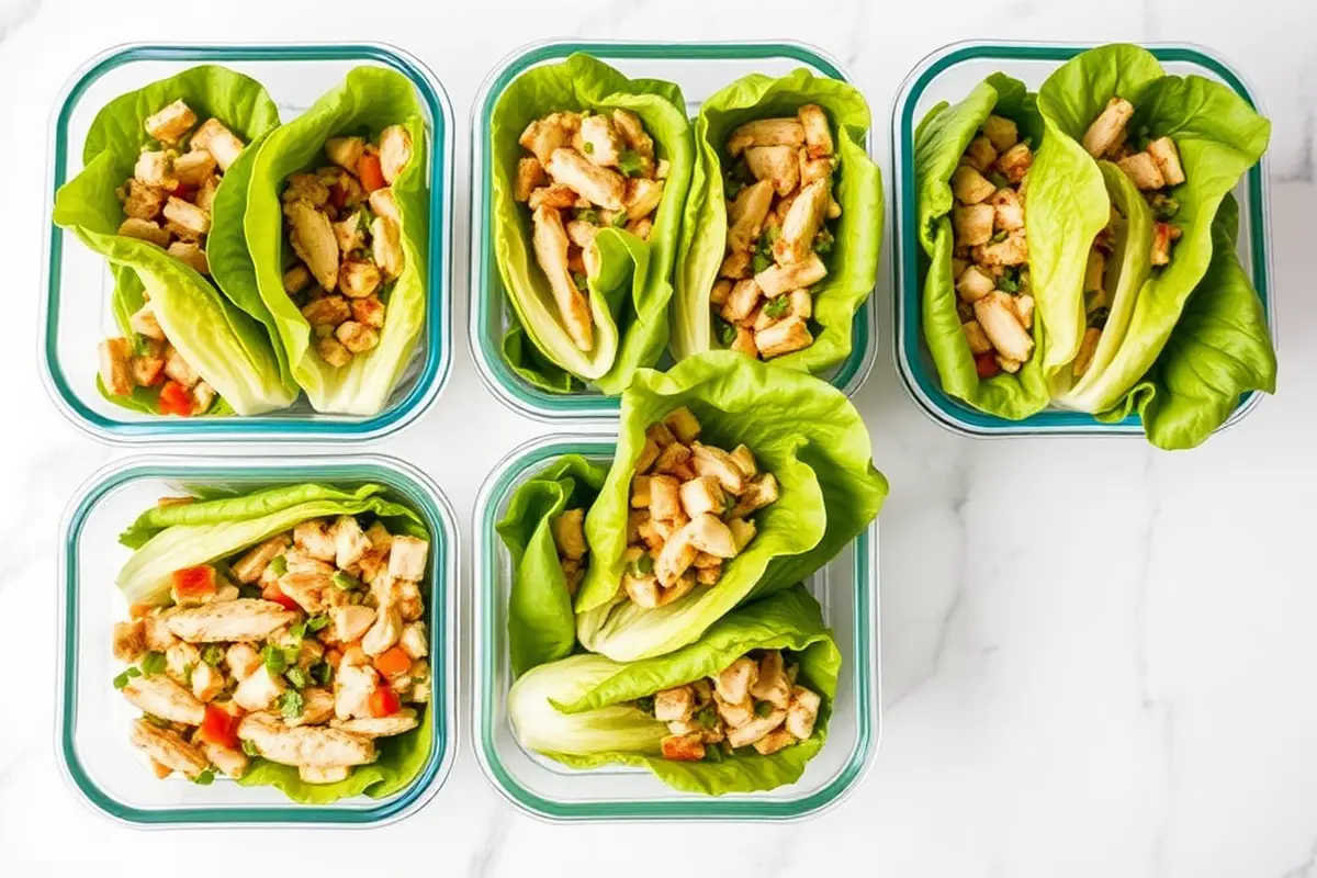 Meal prep of low carb chicken lettuce wraps ready for freezing