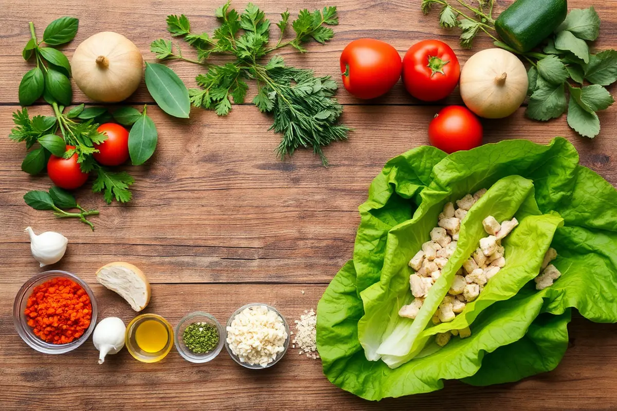 Arranged fresh ingredients for low carb chicken lettuce wraps