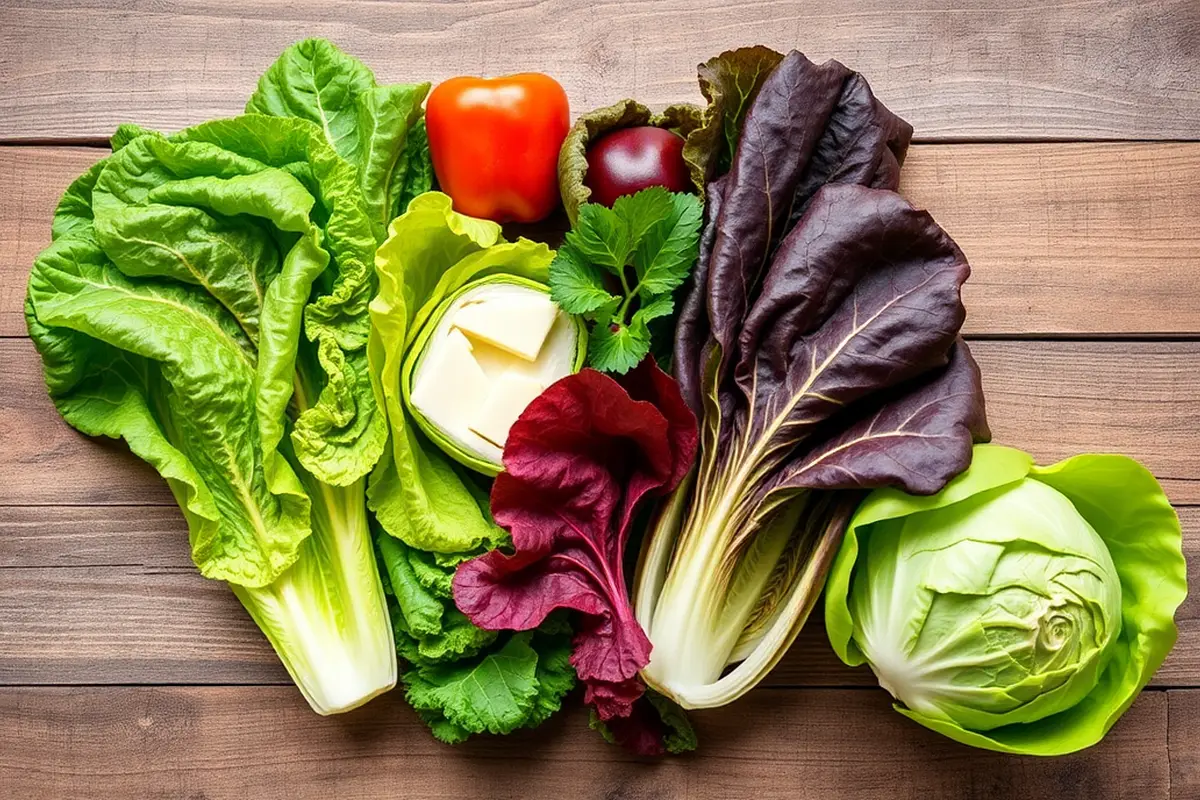 Top-down view of assorted lettuces for chicken wraps on rustic table