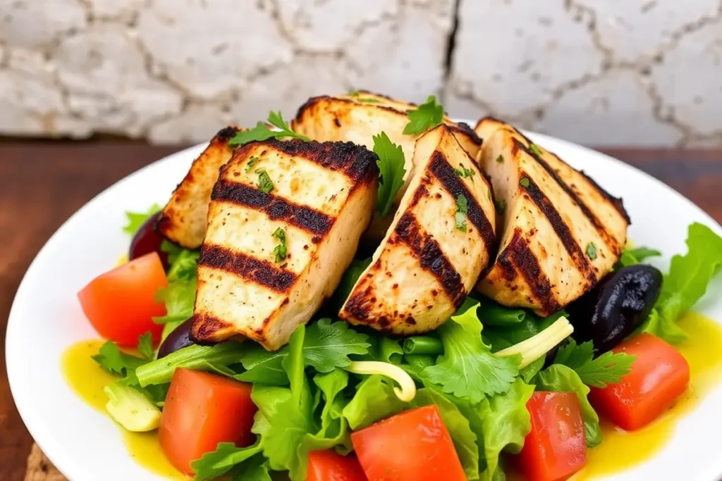 Vibrant Greek salad with grilled chicken on a white plate.