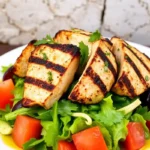 Vibrant Greek salad with grilled chicken on a white plate.