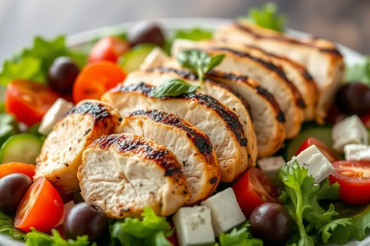 Grilled chicken slices on Greek salad with colorful vegetables.