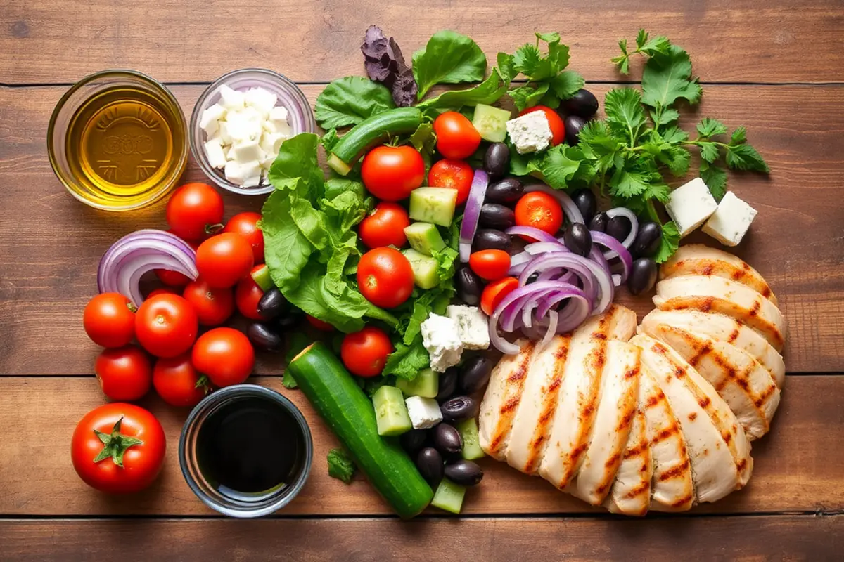 Fresh ingredients for Greek salad on a rustic wooden table.