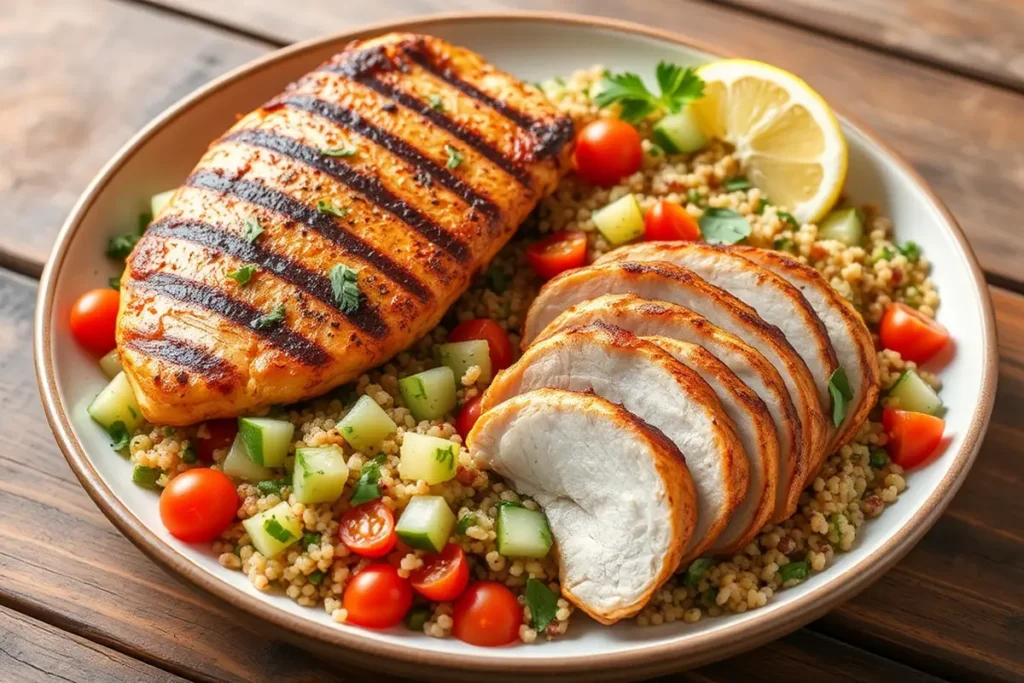 Grilled chicken with quinoa salad on a wooden table