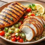 Grilled chicken with quinoa salad on a wooden table