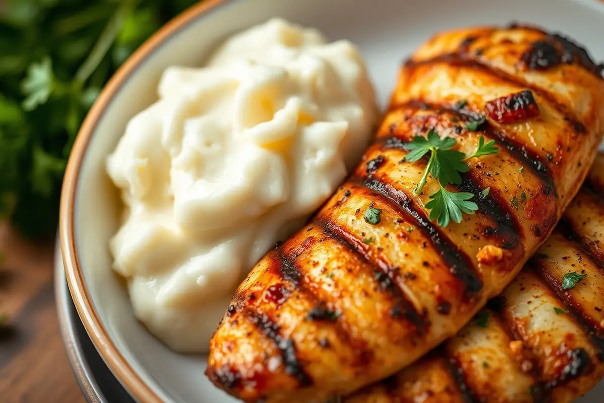 Creamy garlic mashed potatoes with grilled chicken