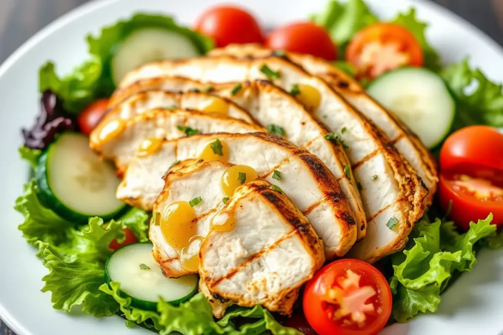 Vibrant grilled chicken salad with mixed greens and cherry tomatoes.