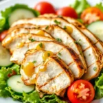 Vibrant grilled chicken salad with mixed greens and cherry tomatoes.