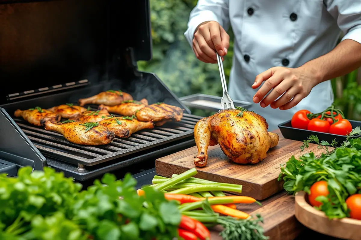 Chef grilling chicken for a healthy meal.