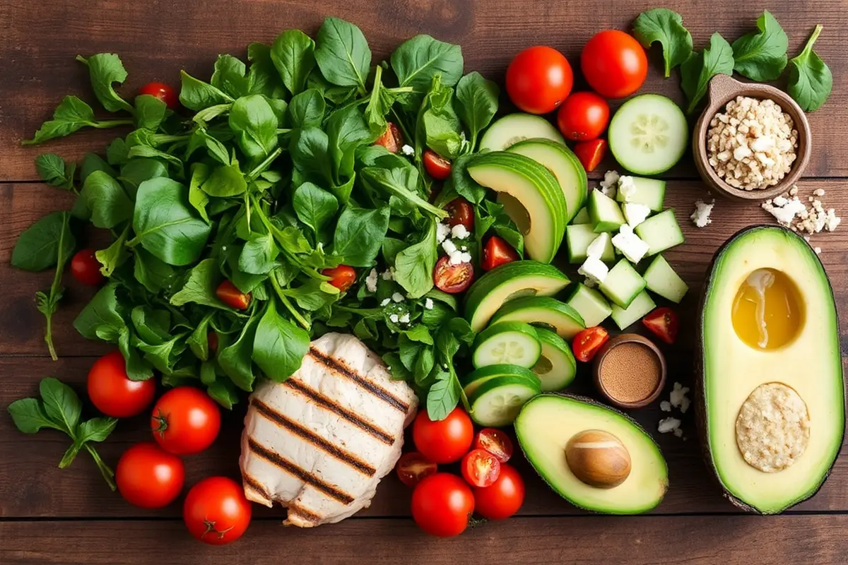 Fresh ingredients for a grilled chicken salad arranged on a wooden table.