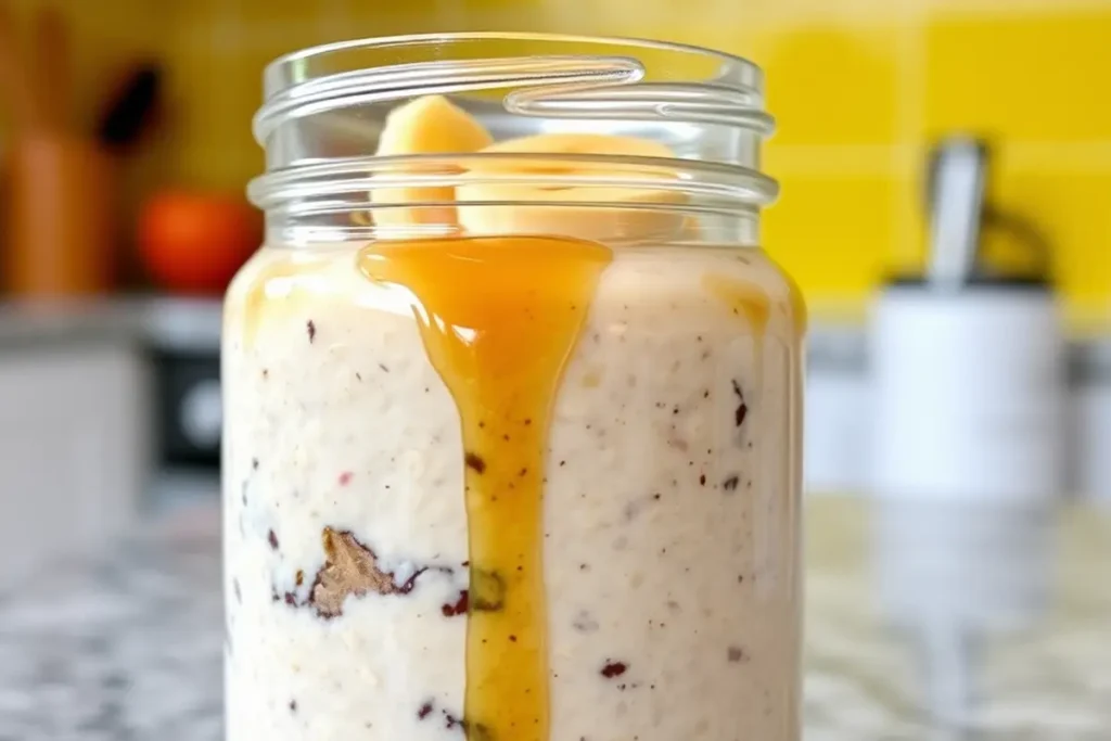 Banana Maple Overnight Oats in a jar topped with bananas.