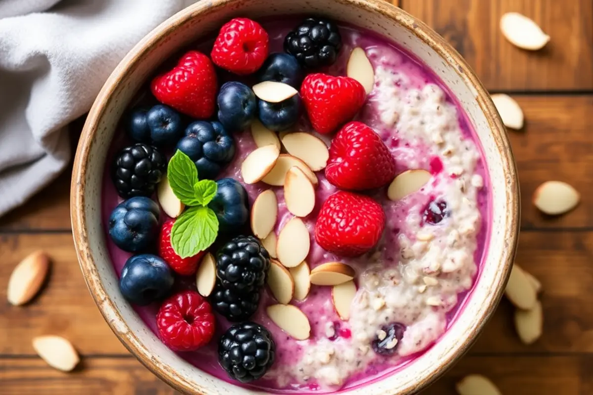 Berry Almond Overnight Oats topped with fresh berries and almonds.