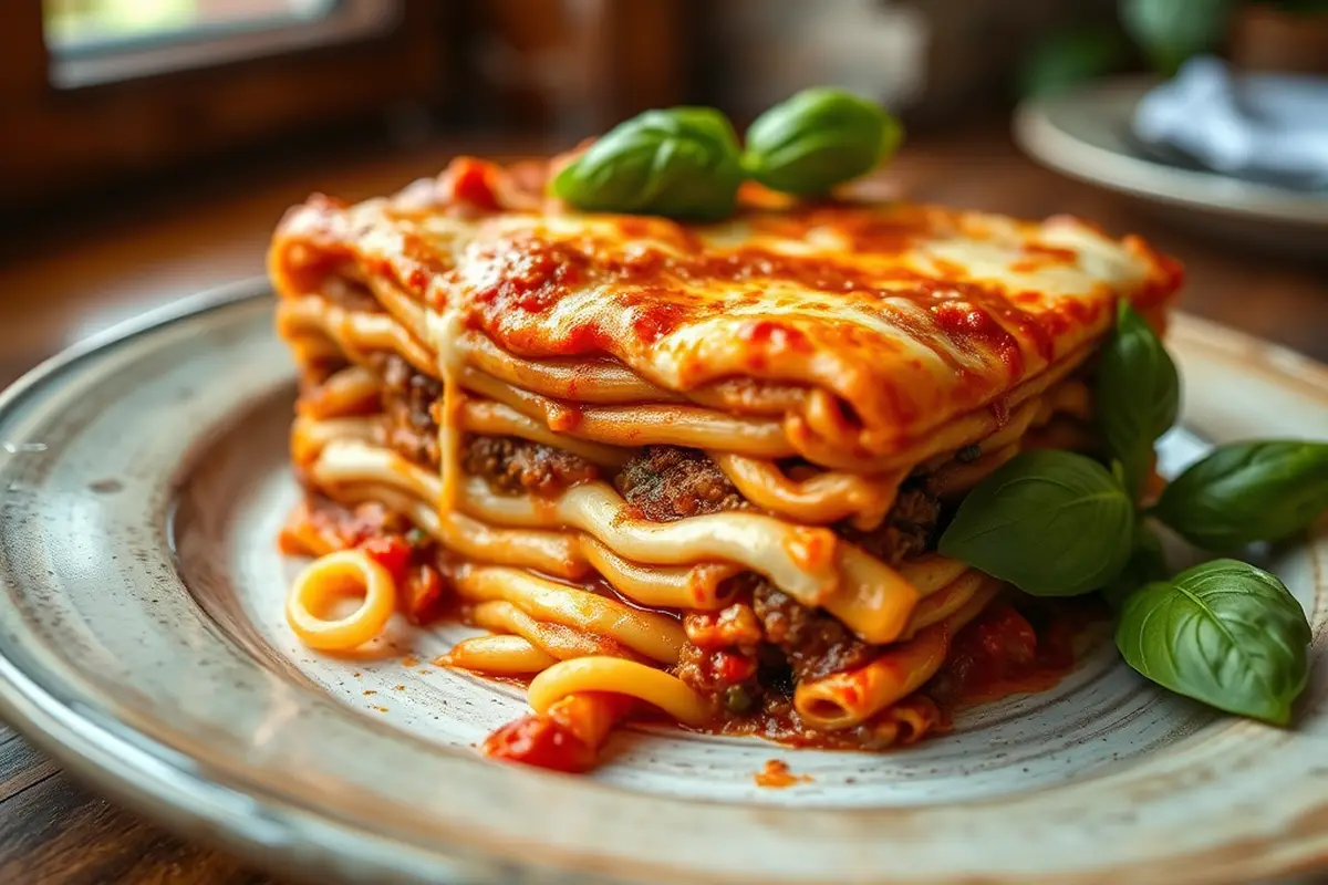 Overhead view of a tray of authentic Italian lasagna with surrounding ingredients