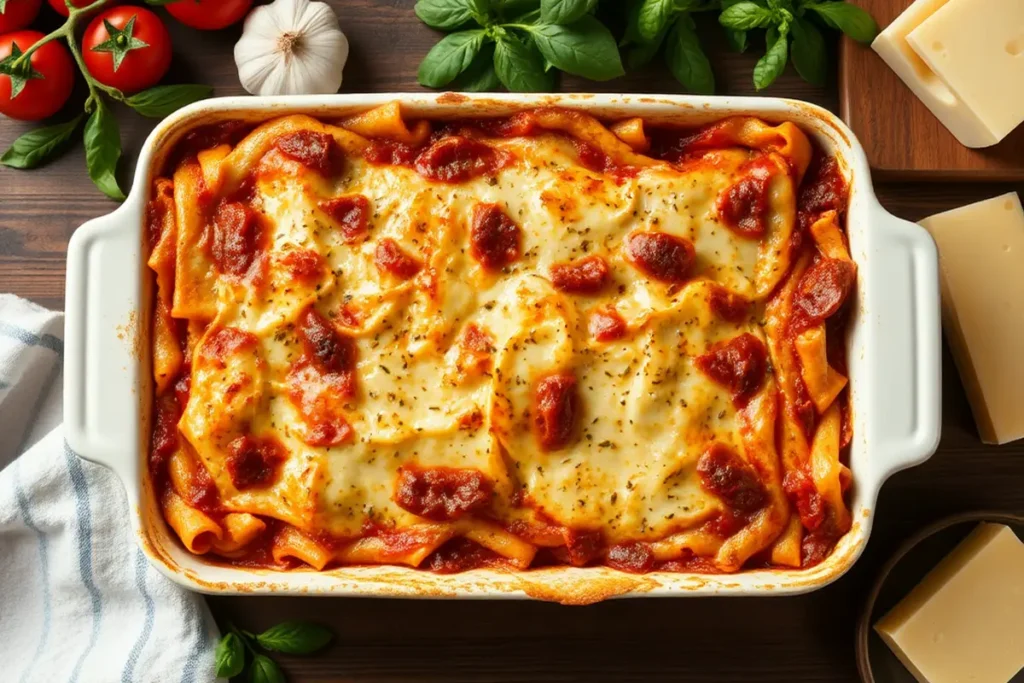 Close-up of a slice of authentic Italian lasagna with visible layers and basil garnish