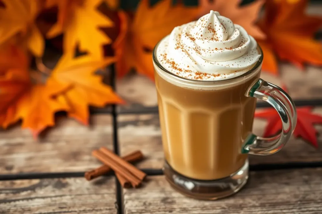 Pumpkin spice latte with whipped cream and cinnamon on a wooden table