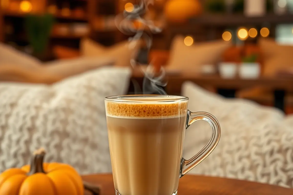 Cozy pumpkin spice latte in a coffee shop setting