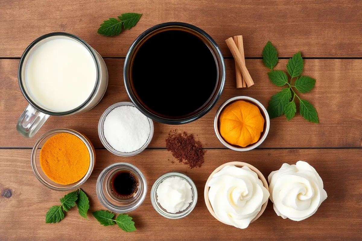 Ingredients for pumpkin spice latte arranged on a wooden table