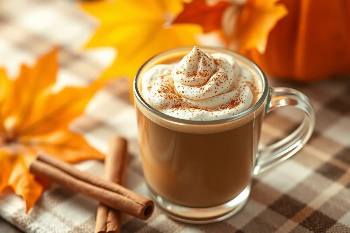 Pumpkin spice latte in a clear glass mug with autumn leaves