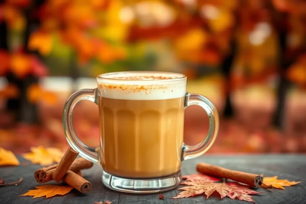 Steaming cup of pumpkin spice latte with whipped cream and pumpkin pie spice