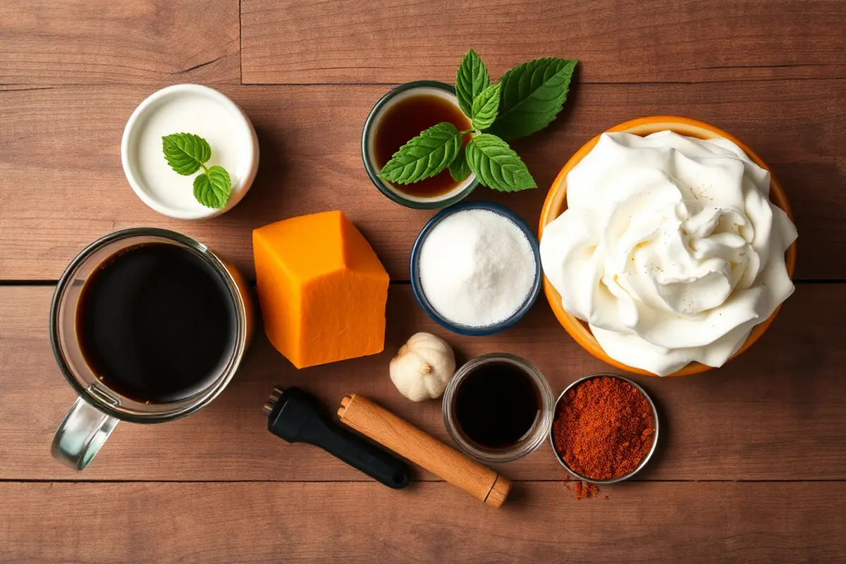 Ingredients for making a pumpkin spice latte arranged on a wooden table